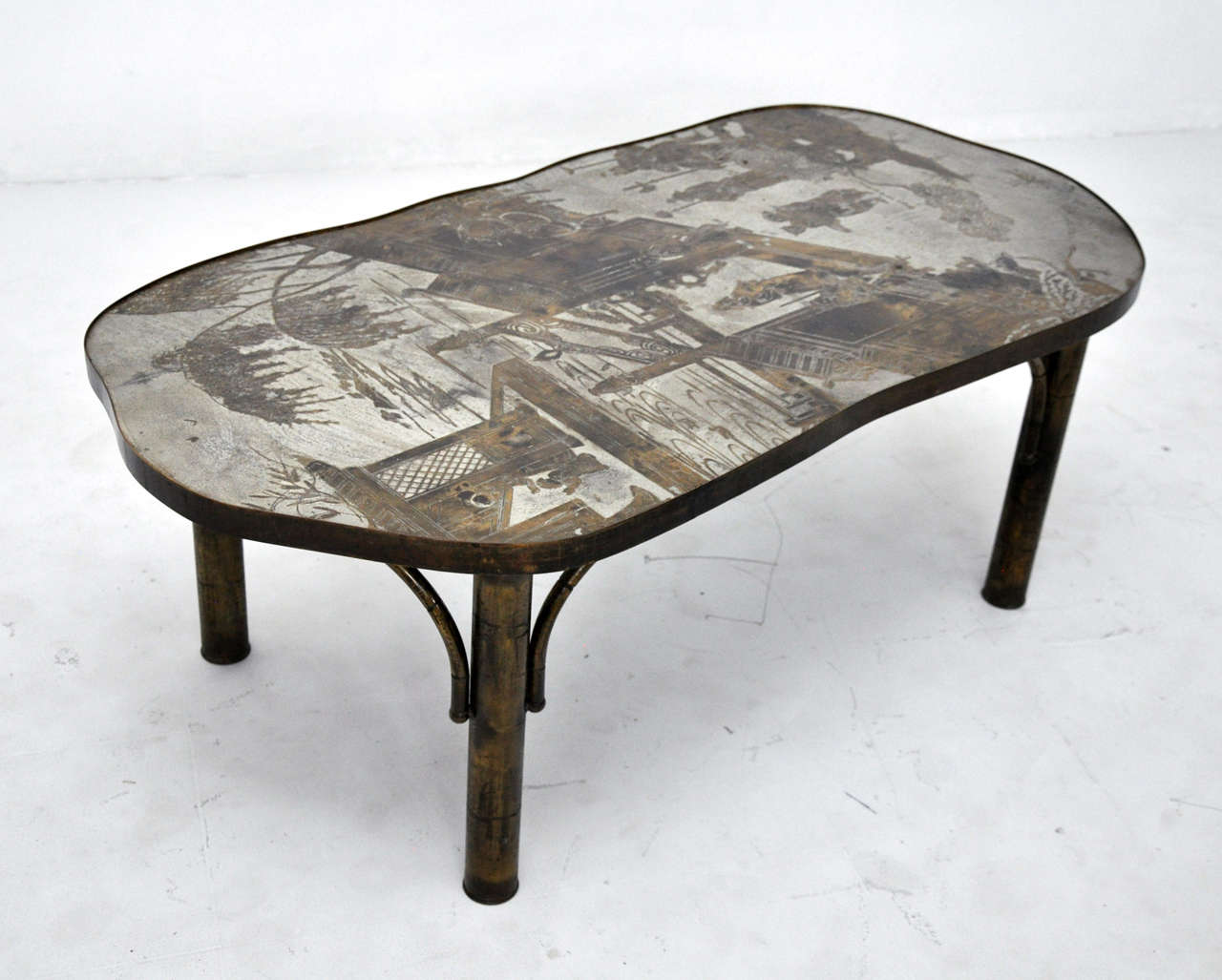 Coffee table in acid-etched patinated and polychromed bronze and pewter by Philip and Kelvin Laverne.
