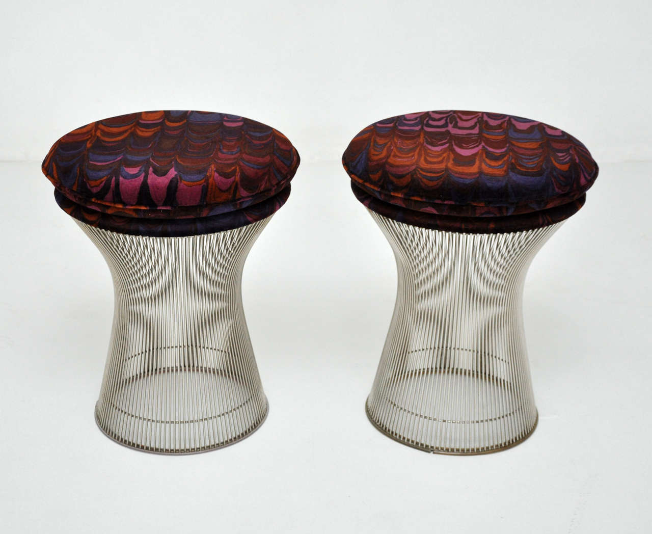 Pair of nickel finish stools by Warren Platner for Knoll. Newly upholstered in vintage Jack Lenor Larsen velvet.