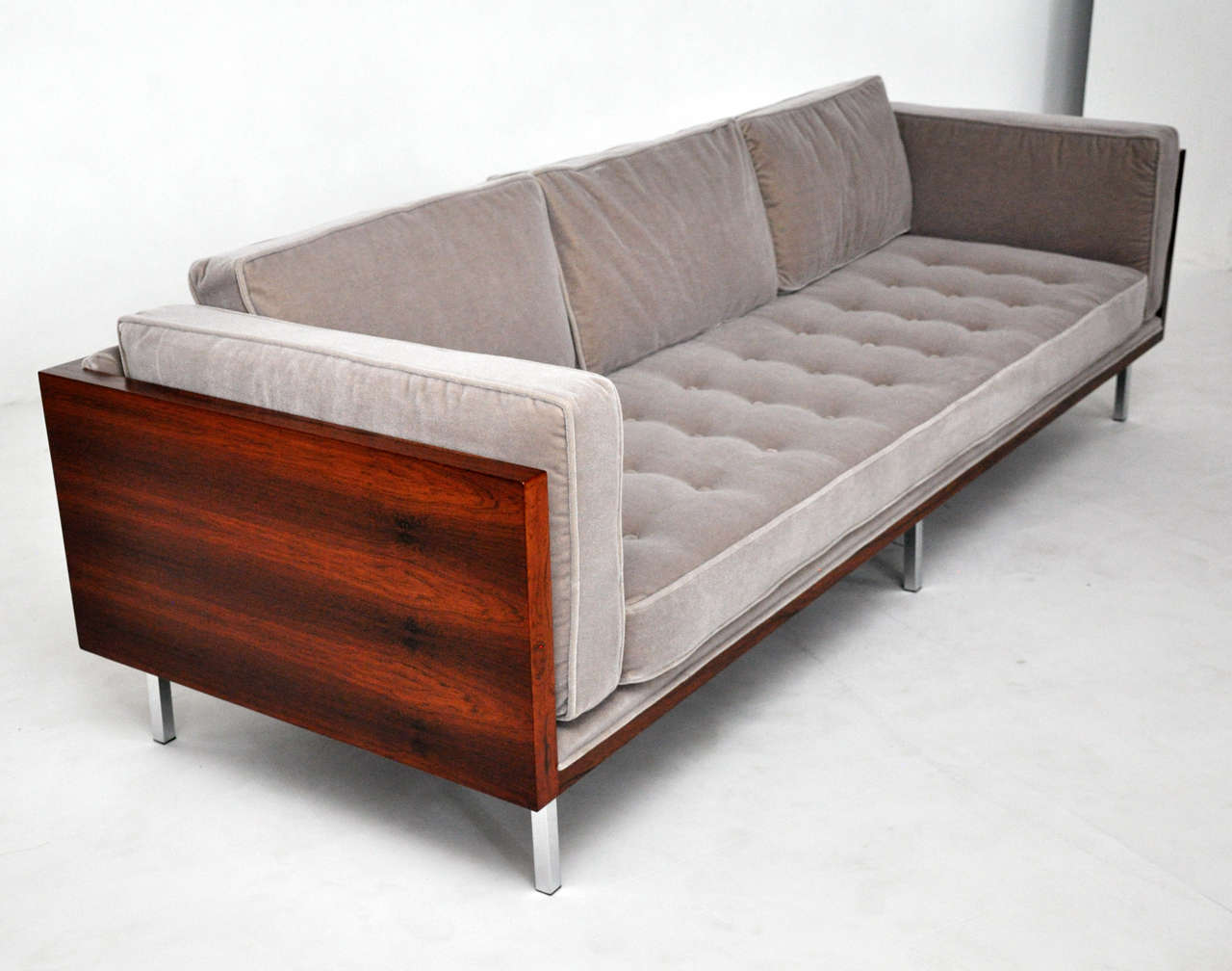 8ft rosewood case sofa by Milo Baughman.  Fully restored.  Beautiful rosewood wood grain.  Newly upholstered in smoke grey Belgian mohair.