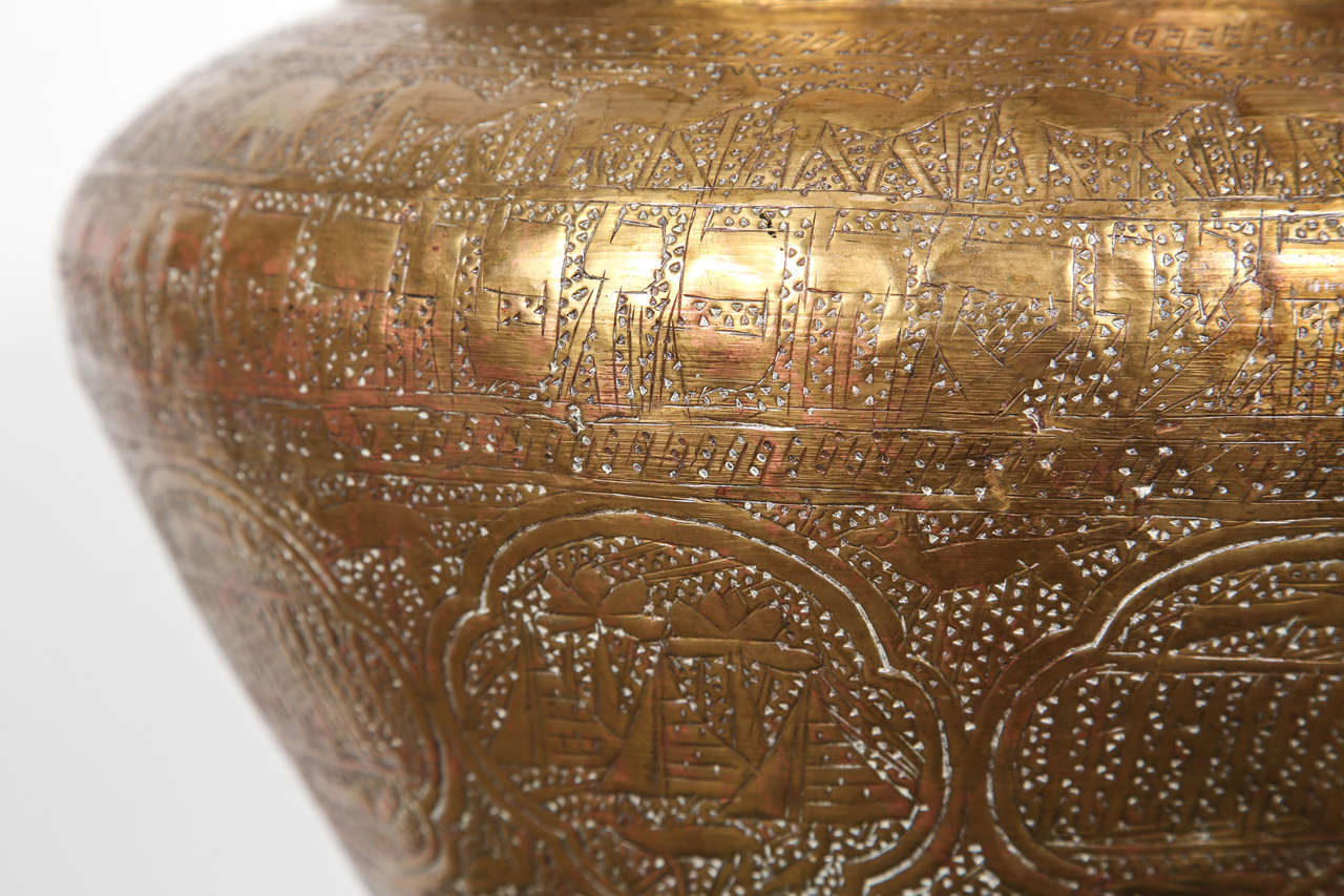 Persian Egyptian Hebraique Revival Hand Etched Brass Pot