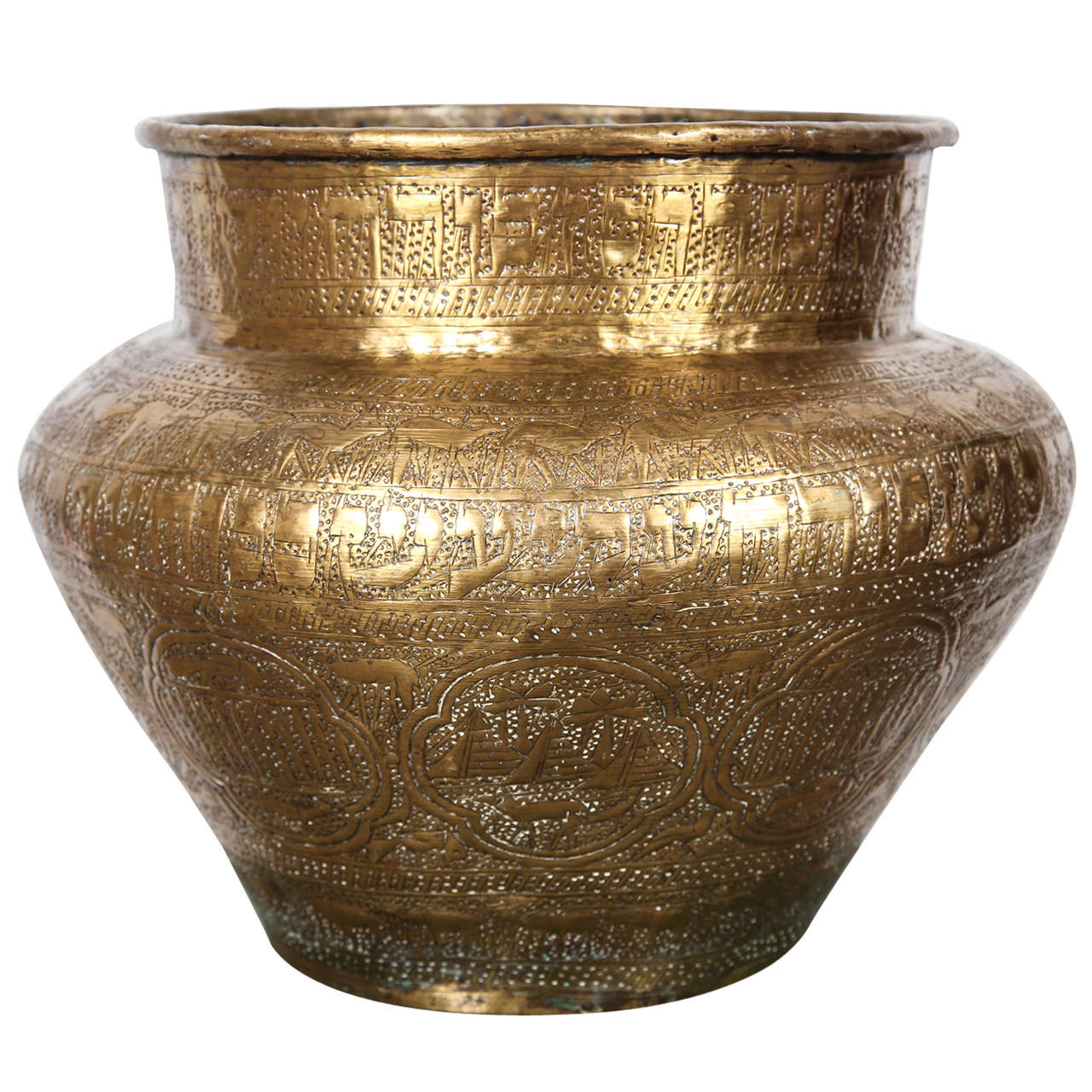 Egyptian Hebraique Revival Hand Etched Brass Pot