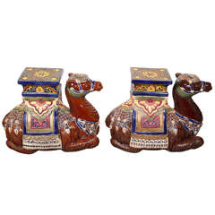 Vintage Pair Of Camel Ceramic Garden Seat Or Side Tables