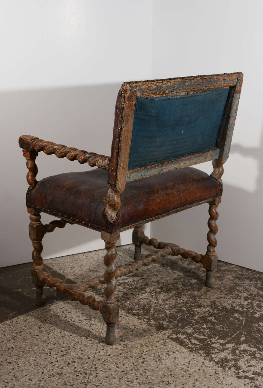 Wood Swedish Baroque Armchair in Leather