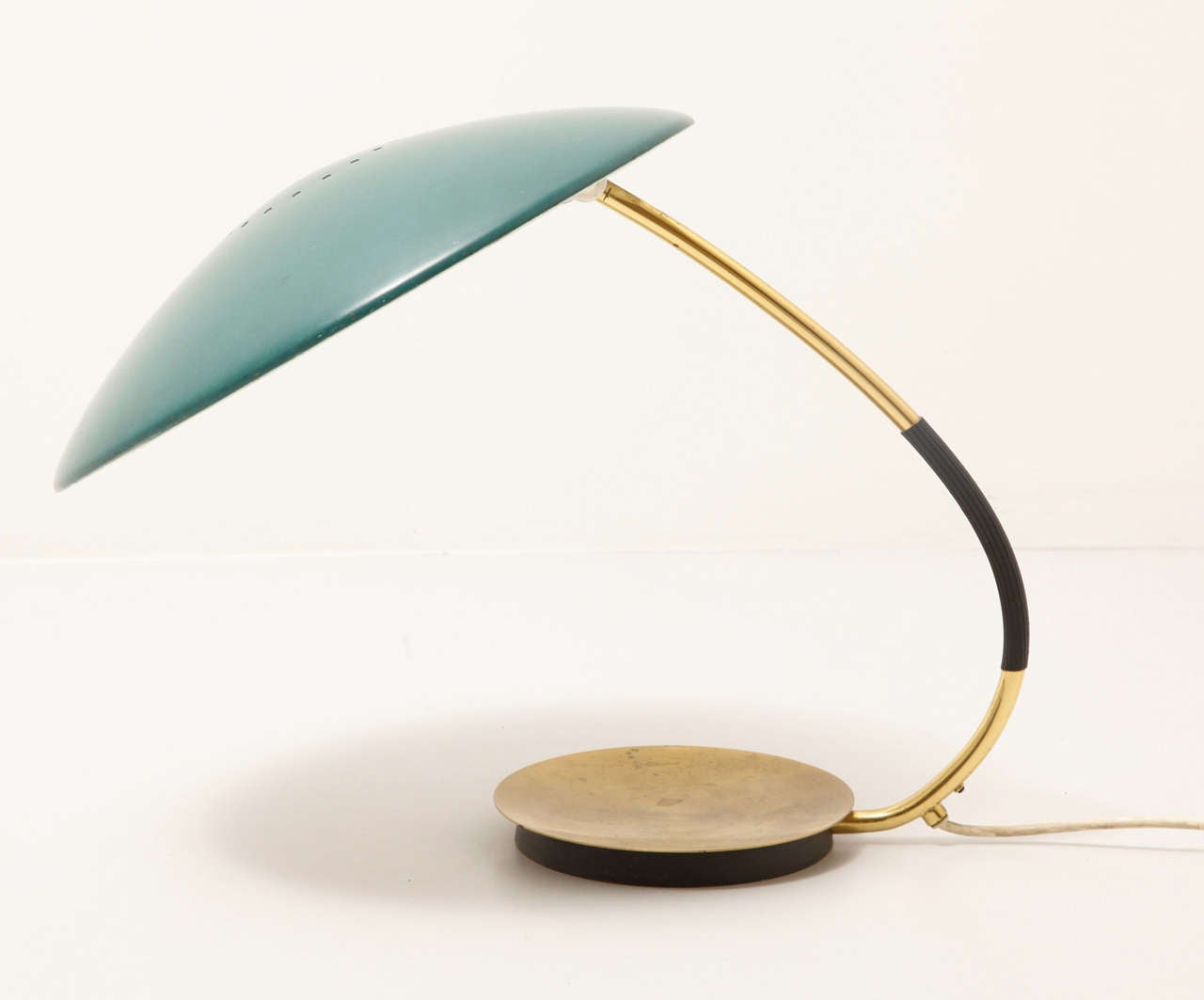 Designed by Christian Dell for Kaiser Leuchten, Germany.

Fully functional, in original state and in good condition. 
Made of brass, green painted metal, produced in circa 1960.
Height: 42 cm. Diameter shade: 37 cm.
Bauhaus designer Christian