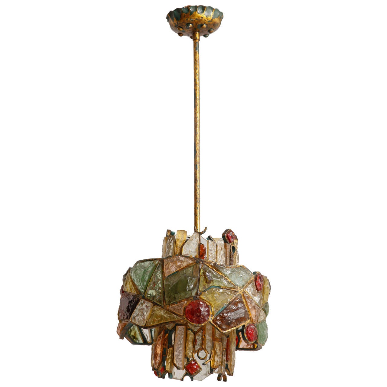 Original Italian two tiers pendant, ceiling light from the 1970s, structure of cast iron with surface in gilt, different color elements of thick handcrafted Murano glass, dark red, brown, clear, blue and green.
Six bulbs are lighting the pendant.