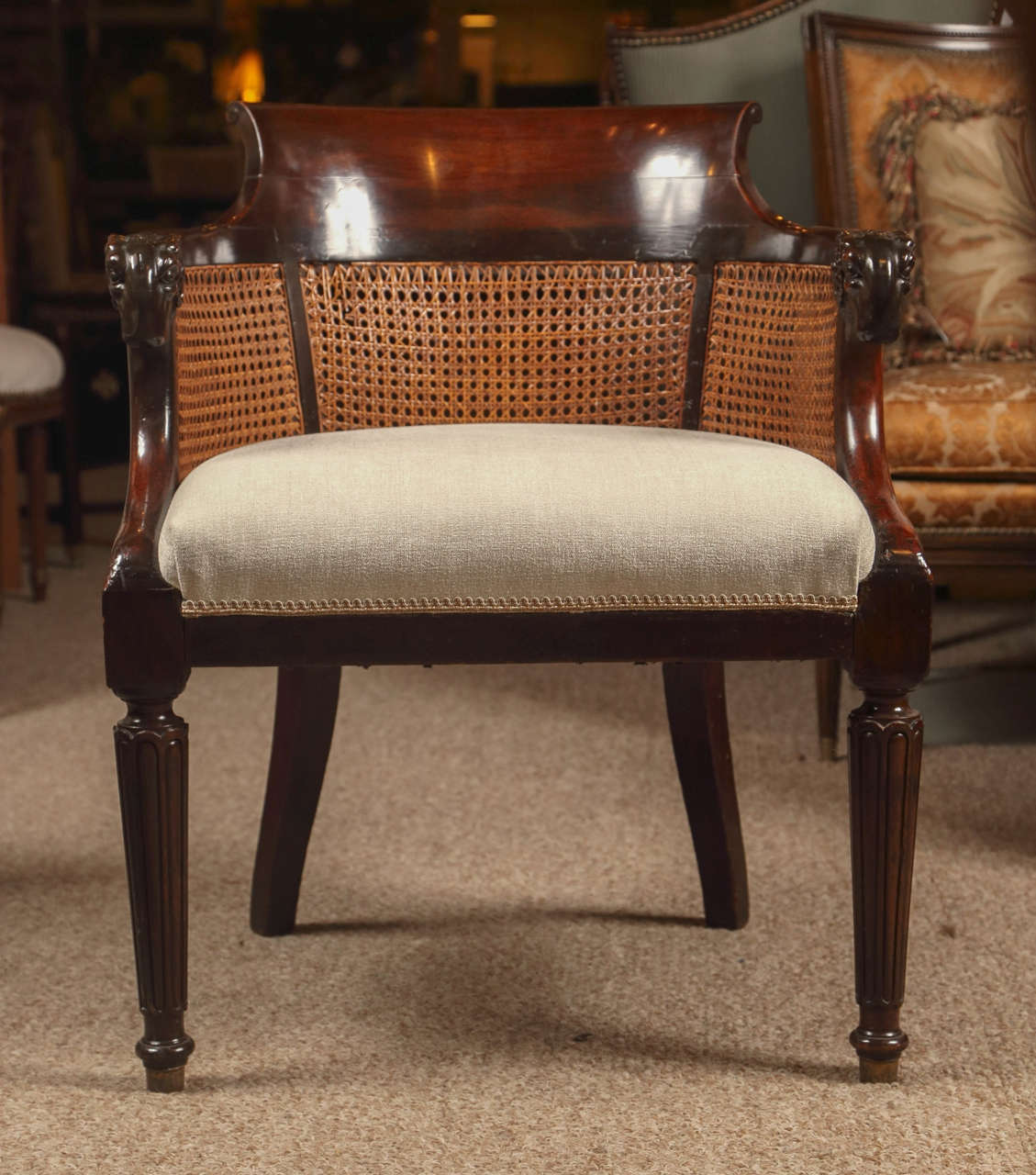A Fine 19th Century Rams Head Arm / Desk Chair. The Louis XVI Style leg supporting a fine hand cane back seat rest with a curved back and sprayed arms leading to a pair of very fine carved Rams heads. In a new off white velour type fabric.