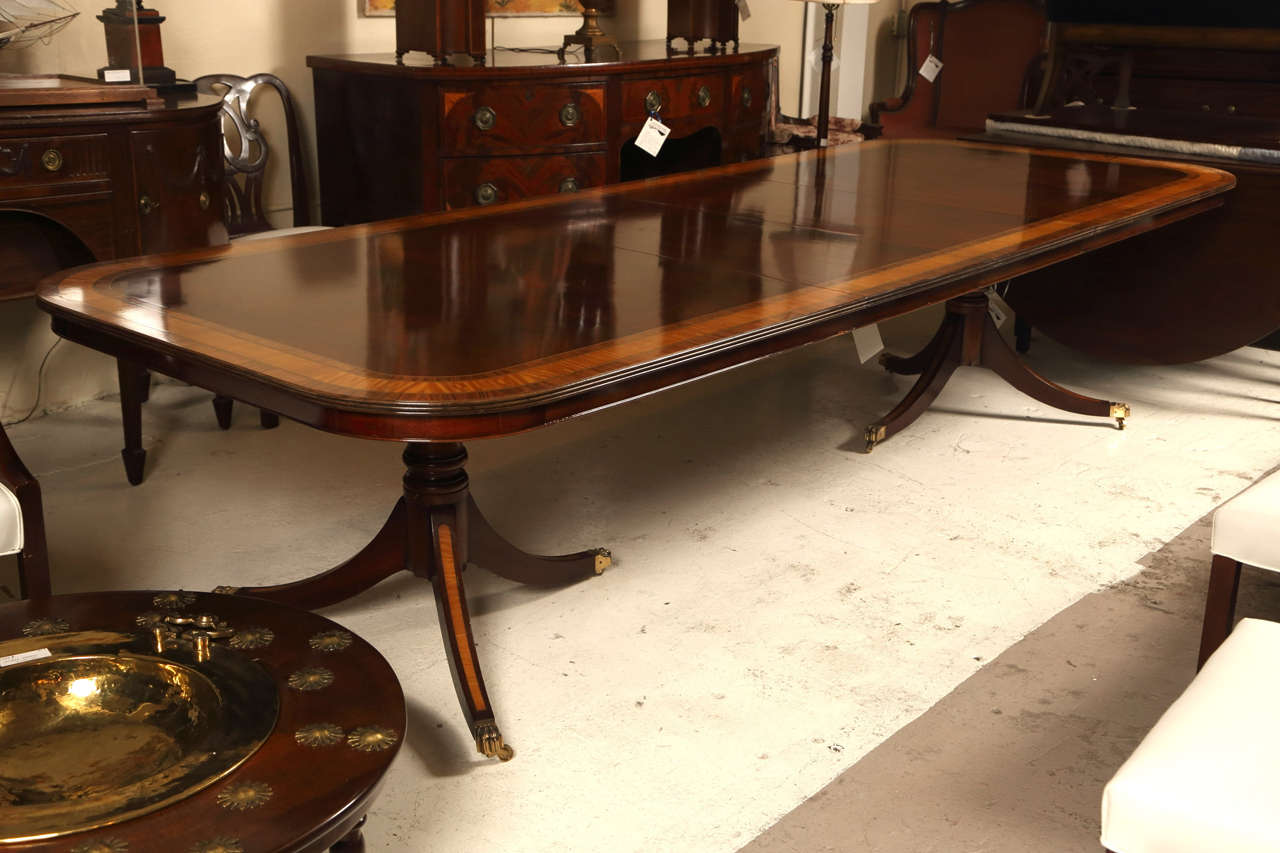 Double Pedestal, Satinwood Banded Dining Table at 1stdibs