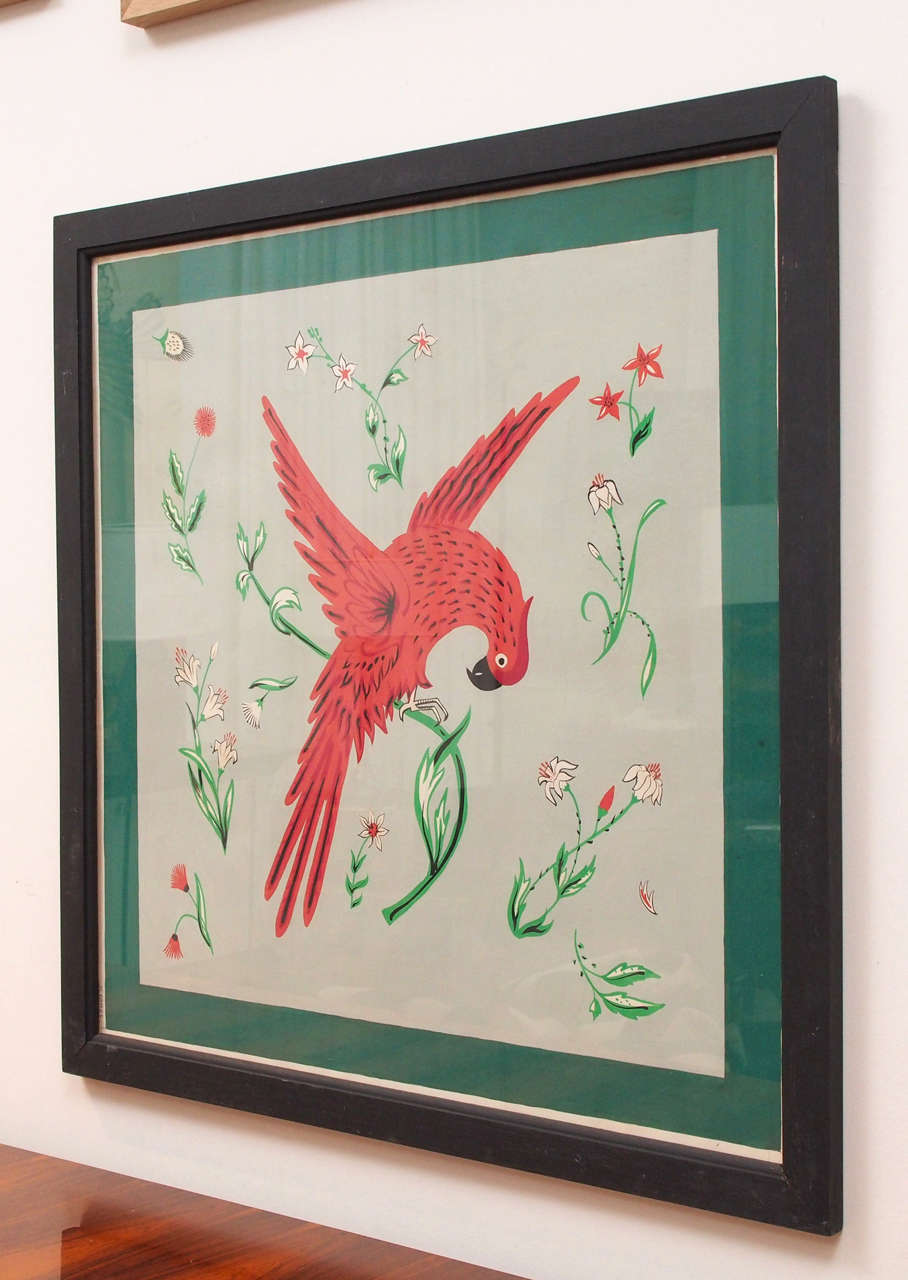 Vibrantly colored gouache, artist unknown, with penciled "Hermès" lower left; ebonized frame.