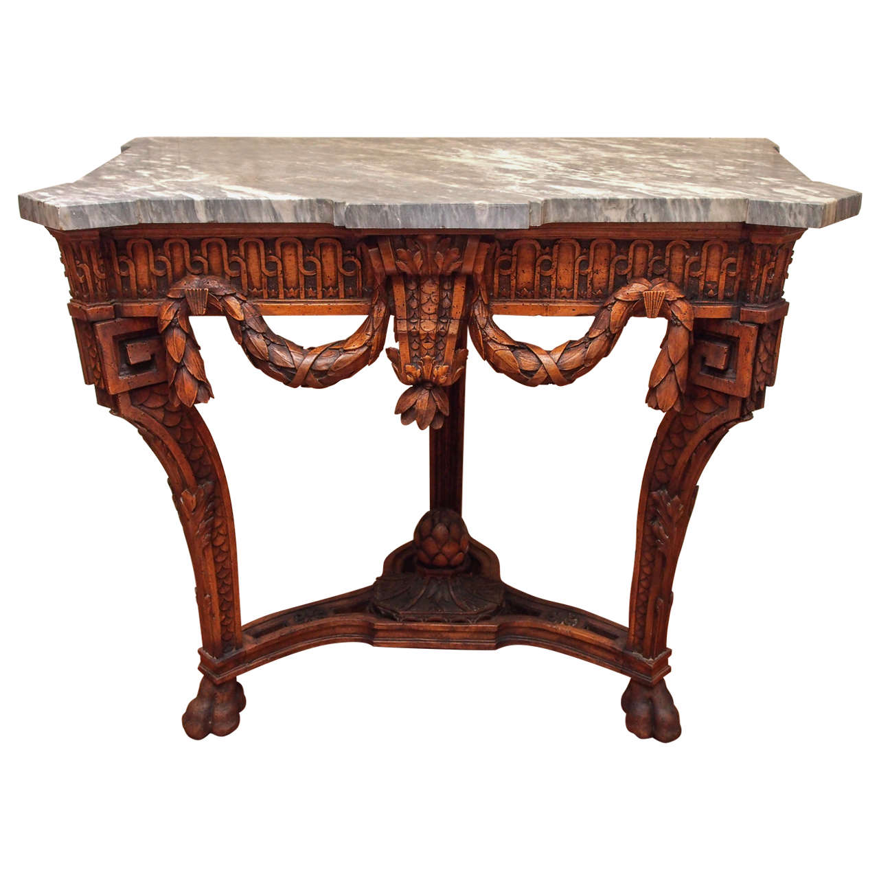 French Louis XVI Walnut Console with Gray Marble Top For Sale