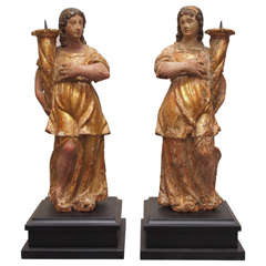 Pair of 18th Century Italian, Gilt Wood and Polychrome Candleholders