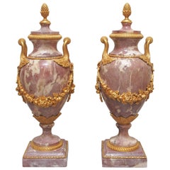 19th Century Gilt Bronze, Mounted Marble Garniture Urns