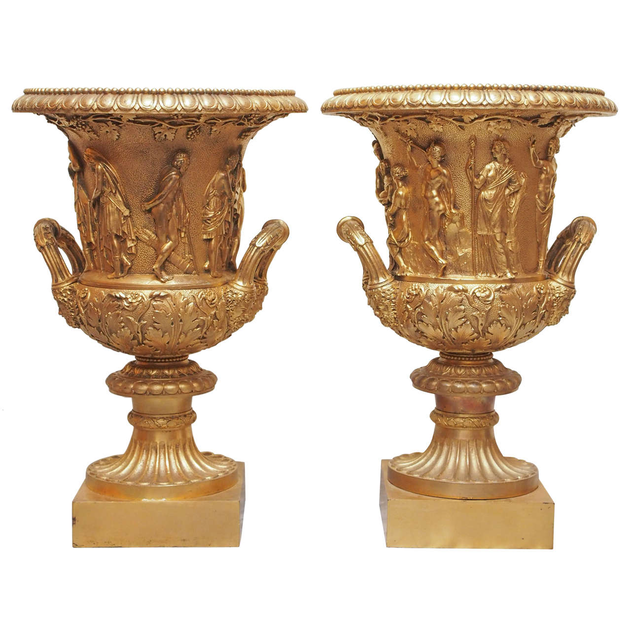 Pair of 19th Century Grand Tour, Gilt Bronze Borghese Urns