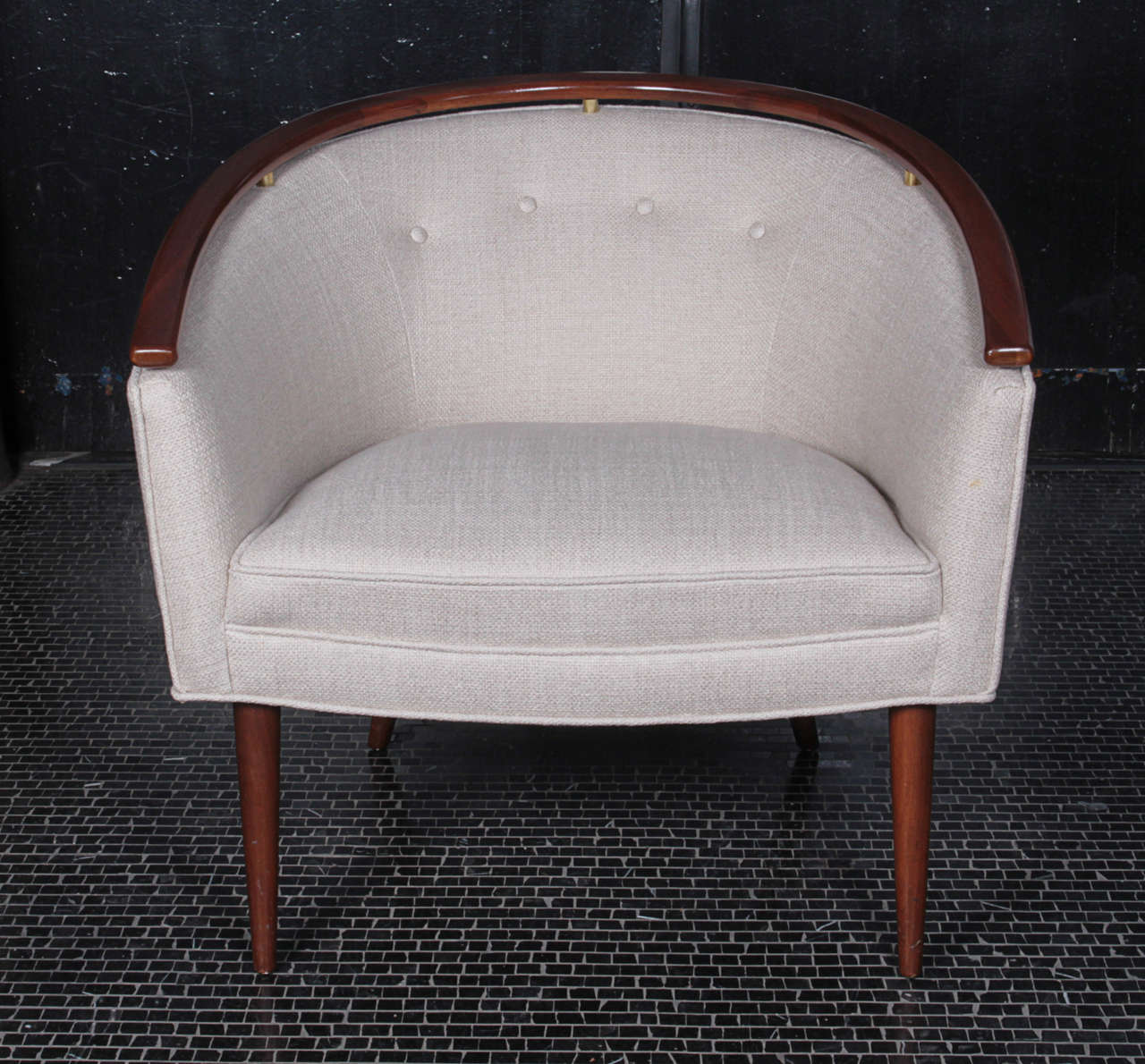 Pair of Barrel-Shaped 1950s Lounge Chairs with Solid Walnut Band around Frames