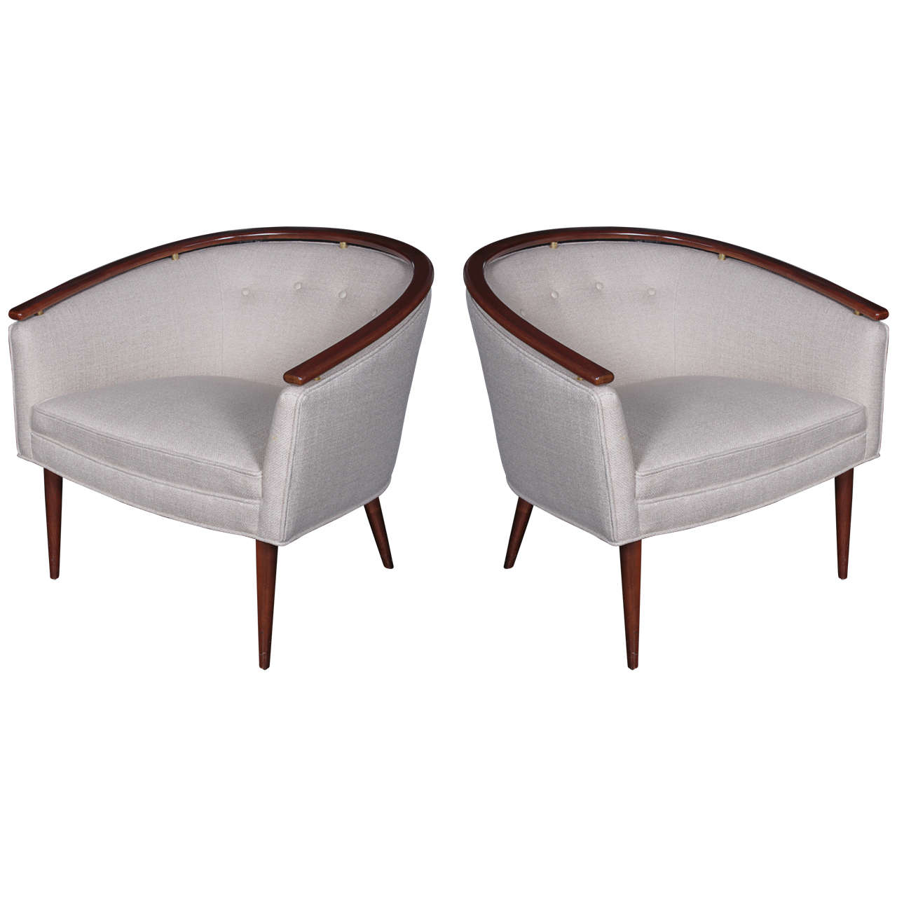 Pair of Barrel-Shaped 1950s Lounge Chairs with Solid Walnut Band around Frames