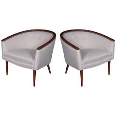 Pair of Barrel-Shaped 1950s Lounge Chairs with Solid Walnut Band around Frames
