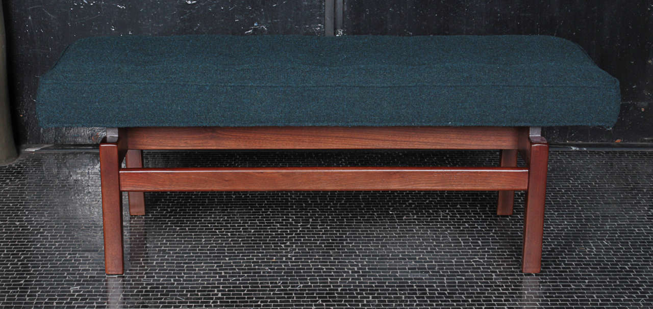 Solid walnut, Jens Risom button tufted bench - 1950′s.