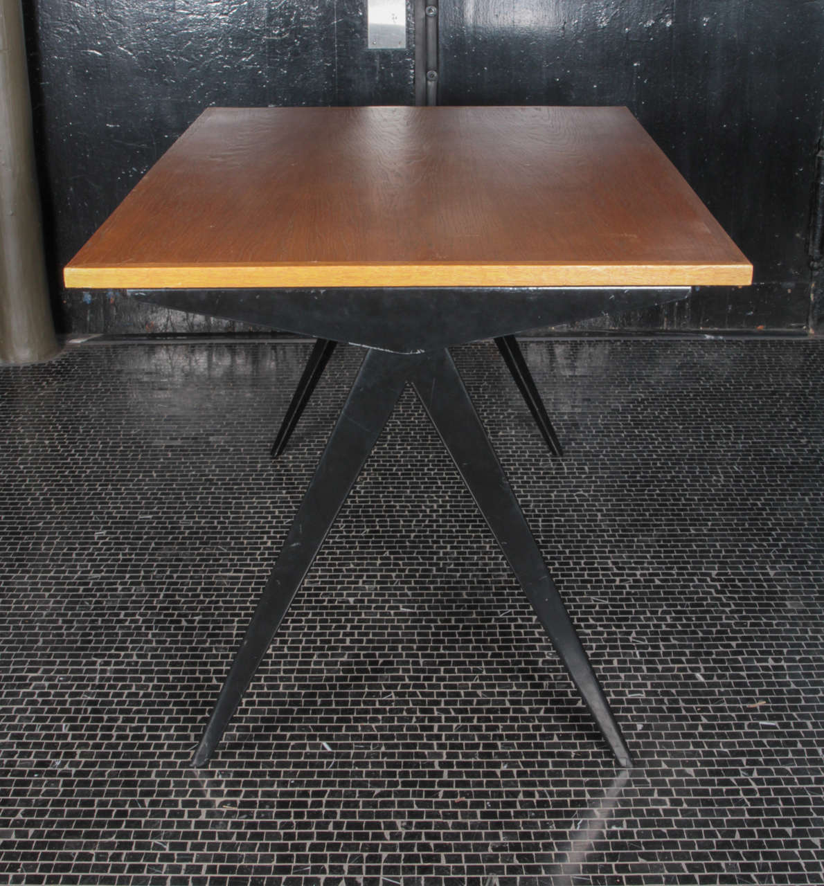 French Jean Prouve Desk in Oak and Black-Painted Iron Frame