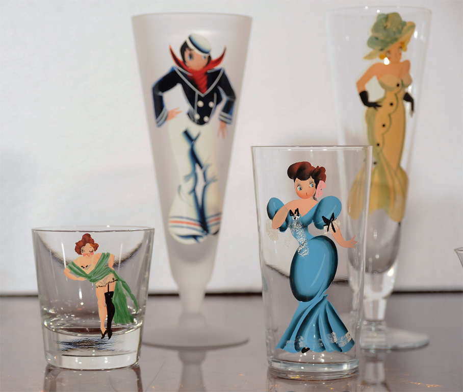 American Set of hand-painted glasses with female figures For Sale