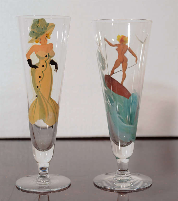 Mid-20th Century Set of hand-painted glasses with female figures For Sale