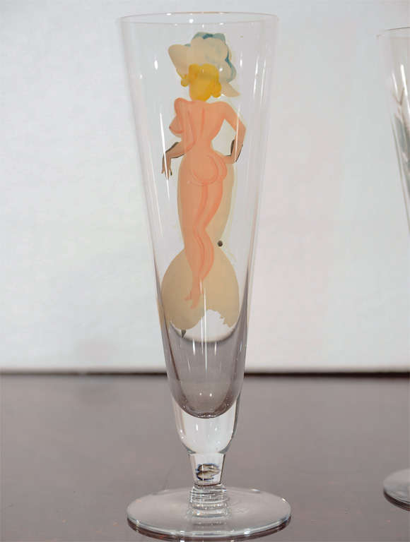 Set of hand-painted glasses with female figures For Sale 1