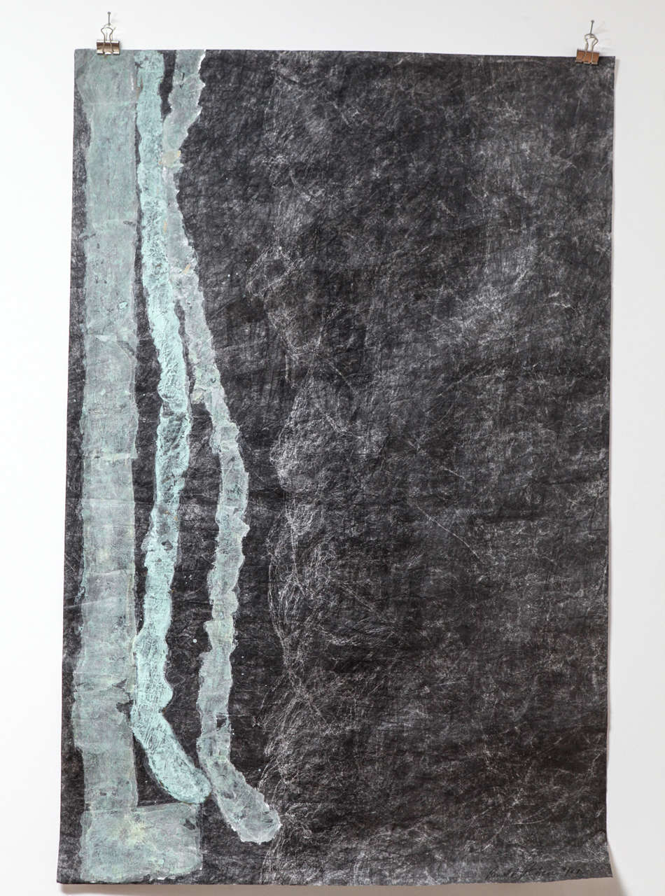 This piece is heavily covered in graphite. The green parts are silver metallic paint almost completely covered by patination. It is signed but unreadable. This piece is unframed.
