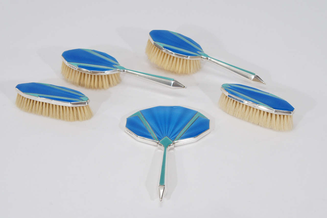 Art Deco Sterling Silver 5 Piece Guilloche Dresser Set