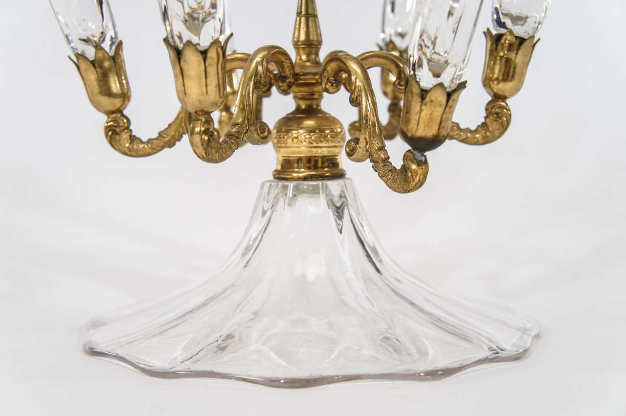 British   19th C English Crystal Epergne Centerpiece with 9 Trumpets in Bronze Stand For Sale