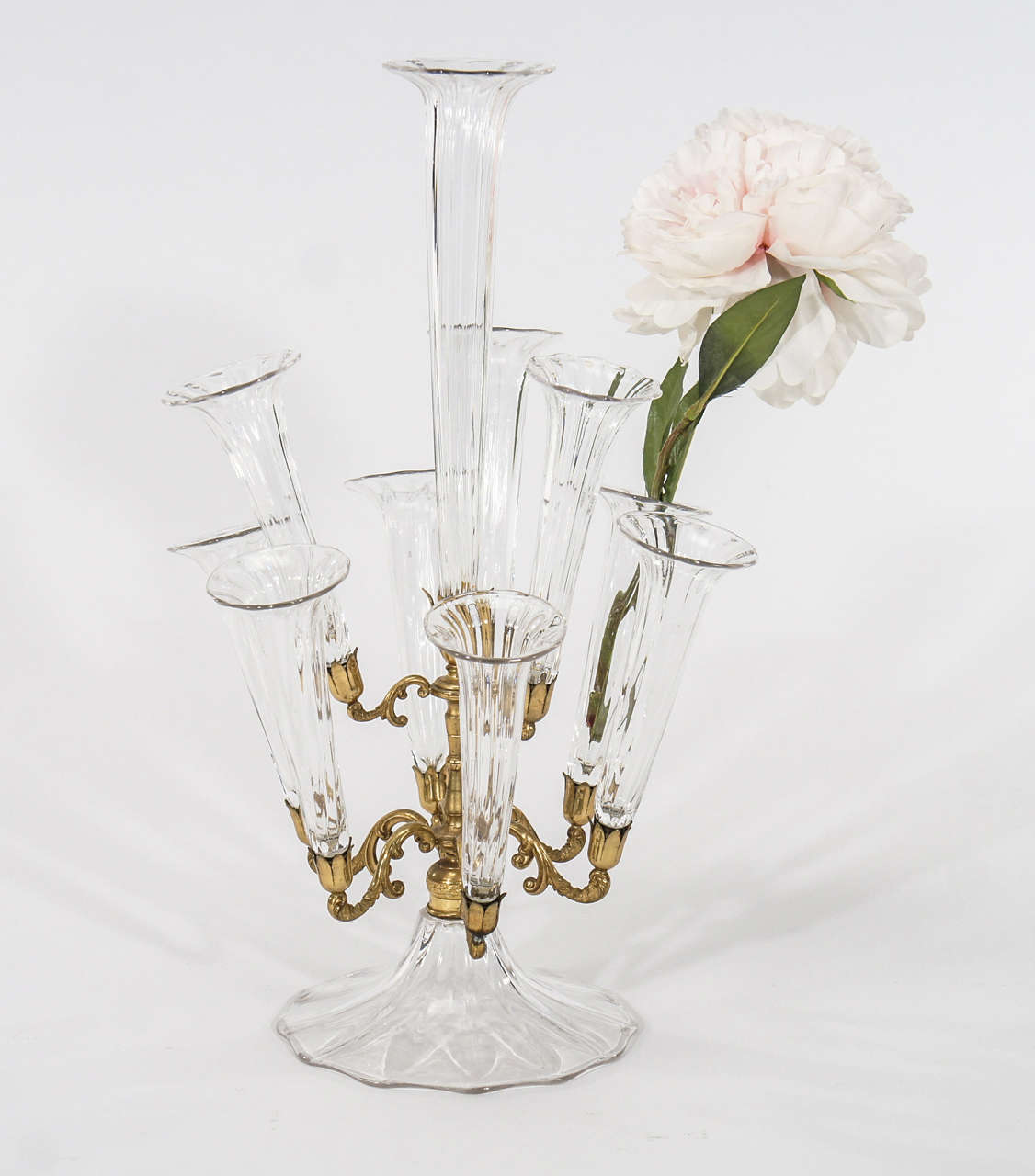   19th C English Crystal Epergne Centerpiece with 9 Trumpets in Bronze Stand For Sale 2
