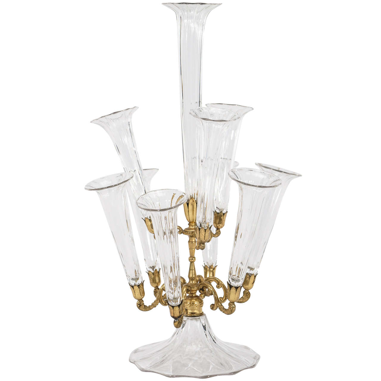   19th C English Crystal Epergne Centerpiece with 9 Trumpets in Bronze Stand