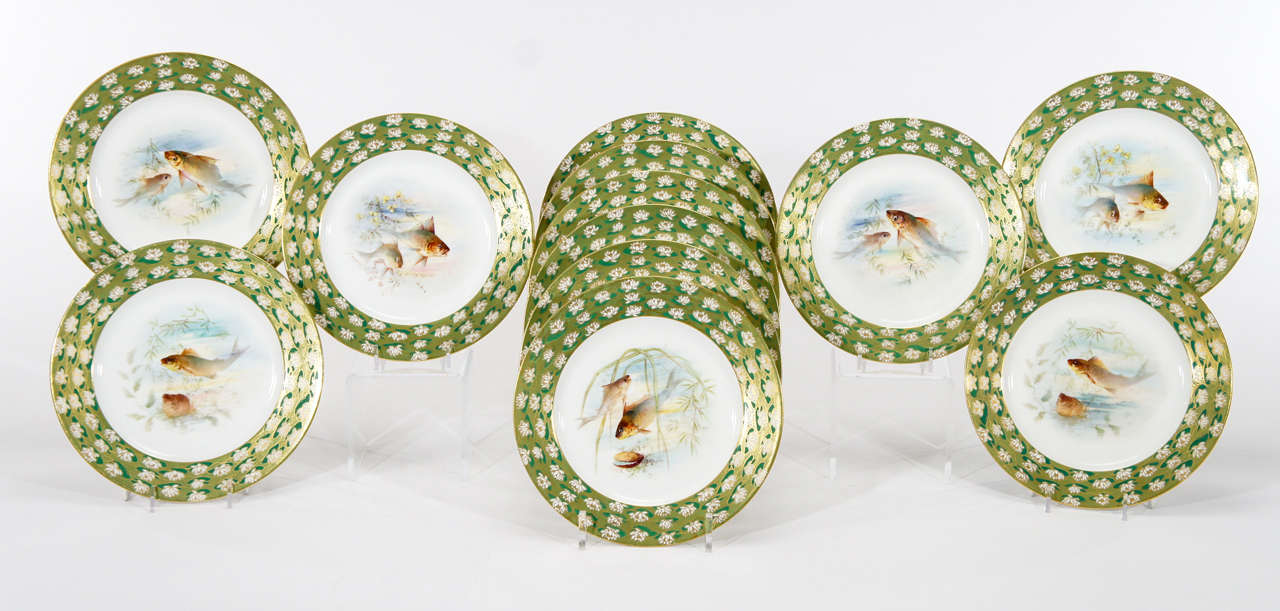 12 Hand Colored Fish Plates W/ Water Lily Aesthetic Movement Borders