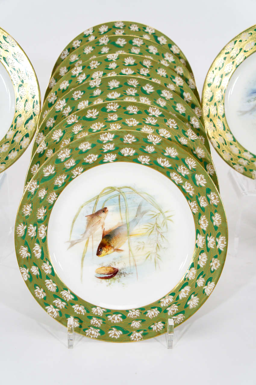 French 12 Hand Colored Fish Plates W/ Water Lily Aesthetic Movement Borders