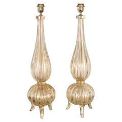 Vintage Elegant Pair of Barovier Style Gold Murano Glass Lamps