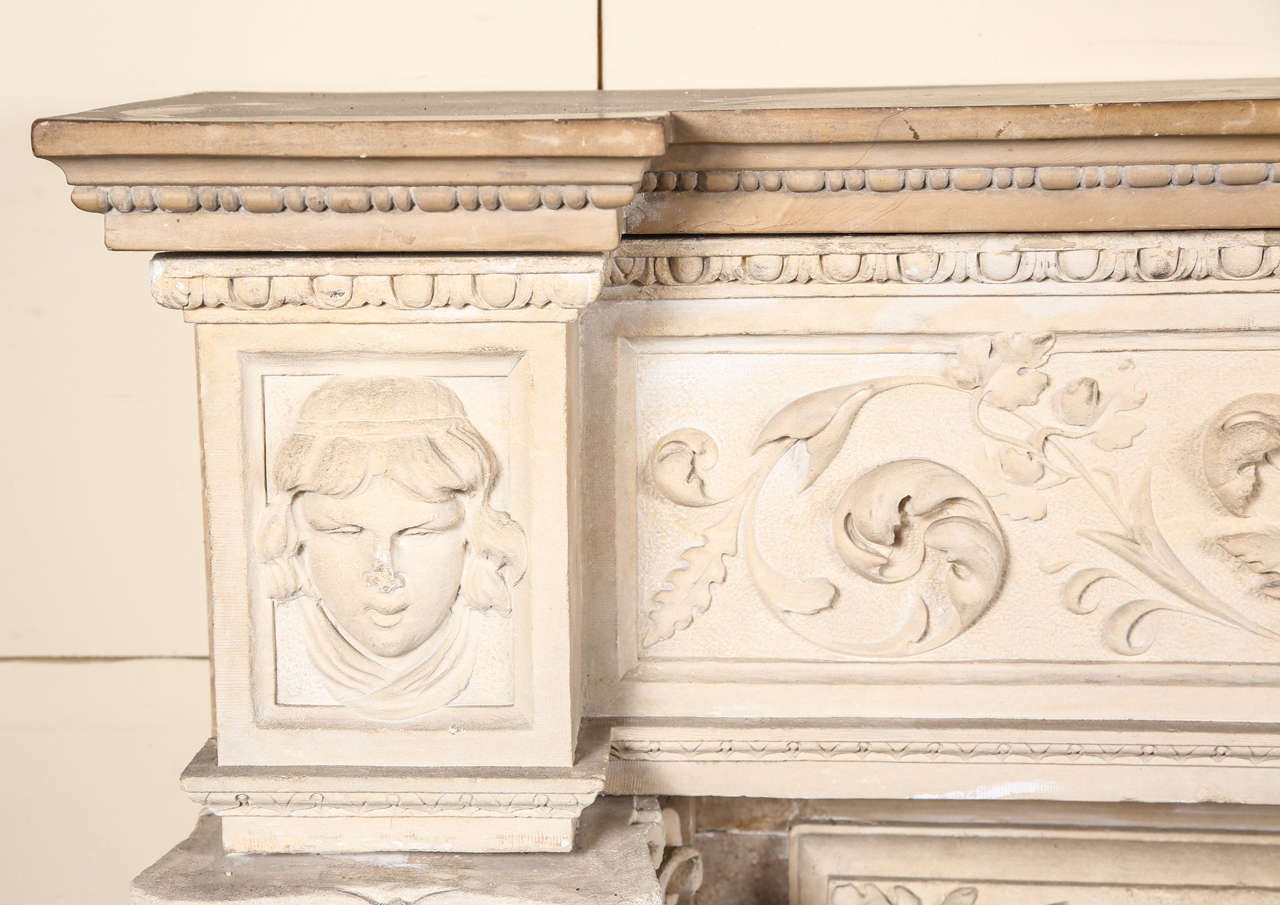 Exceptional Carved Limestone and Marble Mantel 3