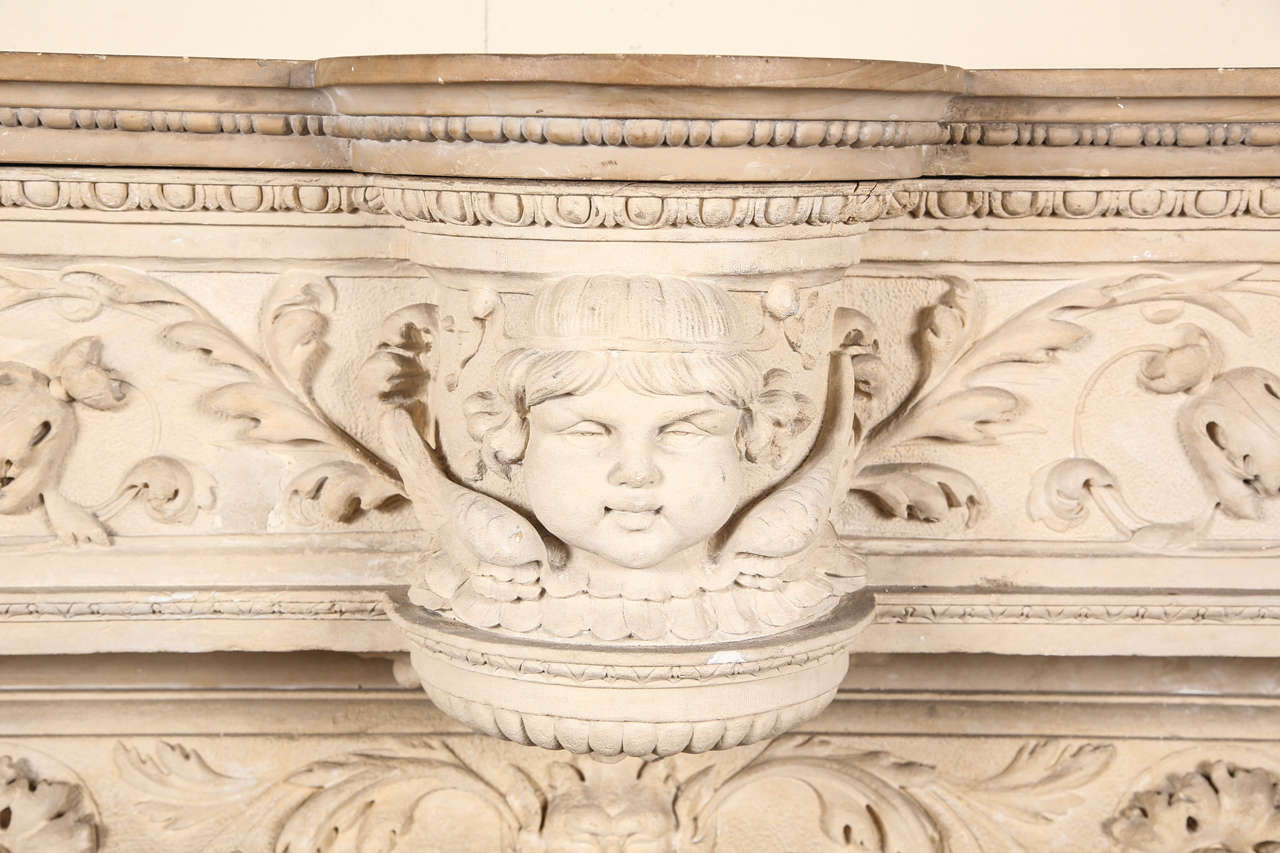 American Exceptional Carved Limestone and Marble Mantel
