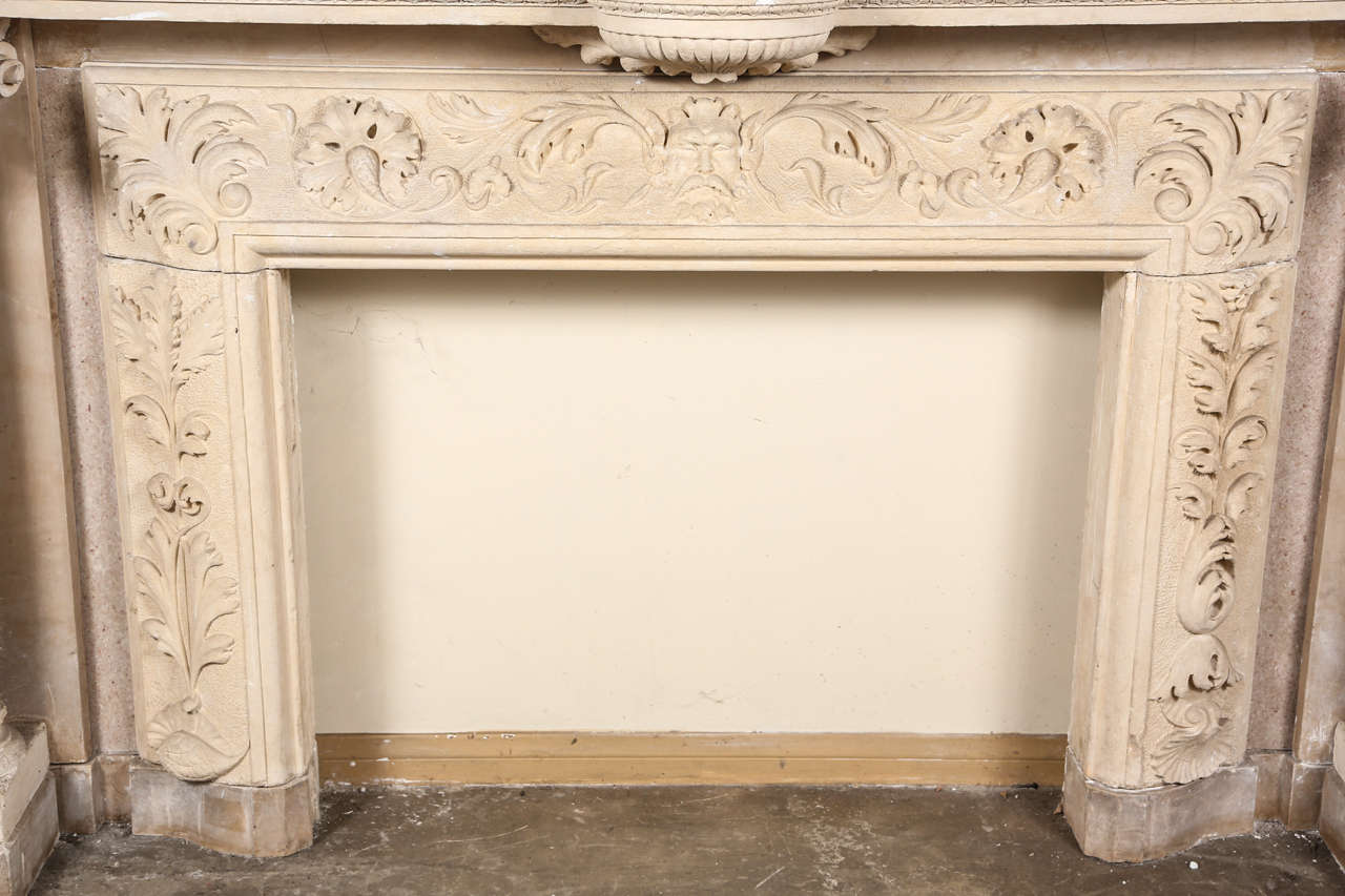 Exceptional Carved Limestone and Marble Mantel In Excellent Condition In Los Angeles, CA