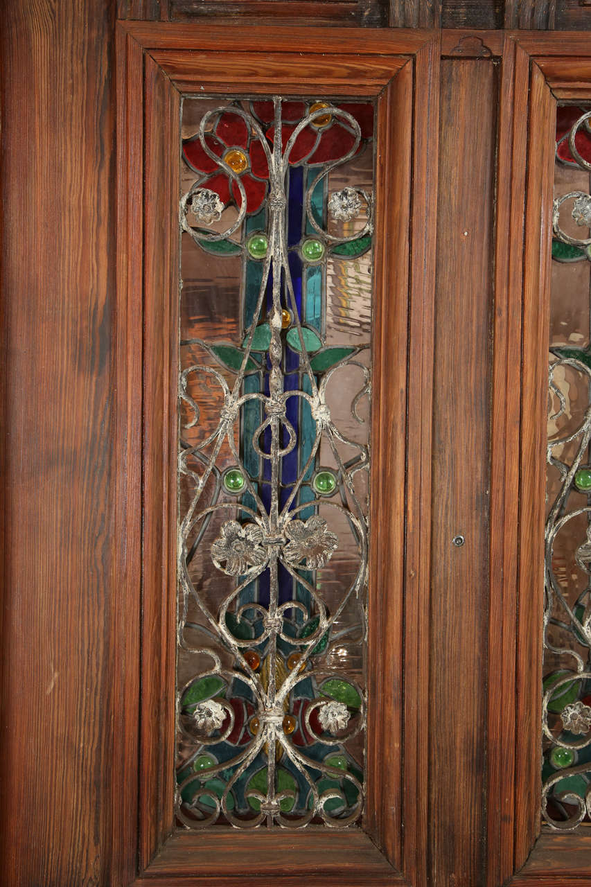 Heart Pine Entry Door with Stained Glass Windows; Peacock Transom 2
