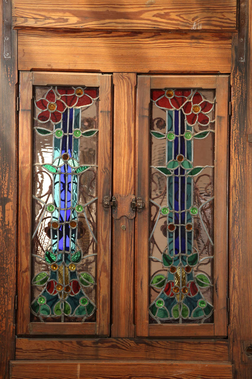 Heart Pine Entry Door with Stained Glass Windows; Peacock Transom In Good Condition In Los Angeles, CA