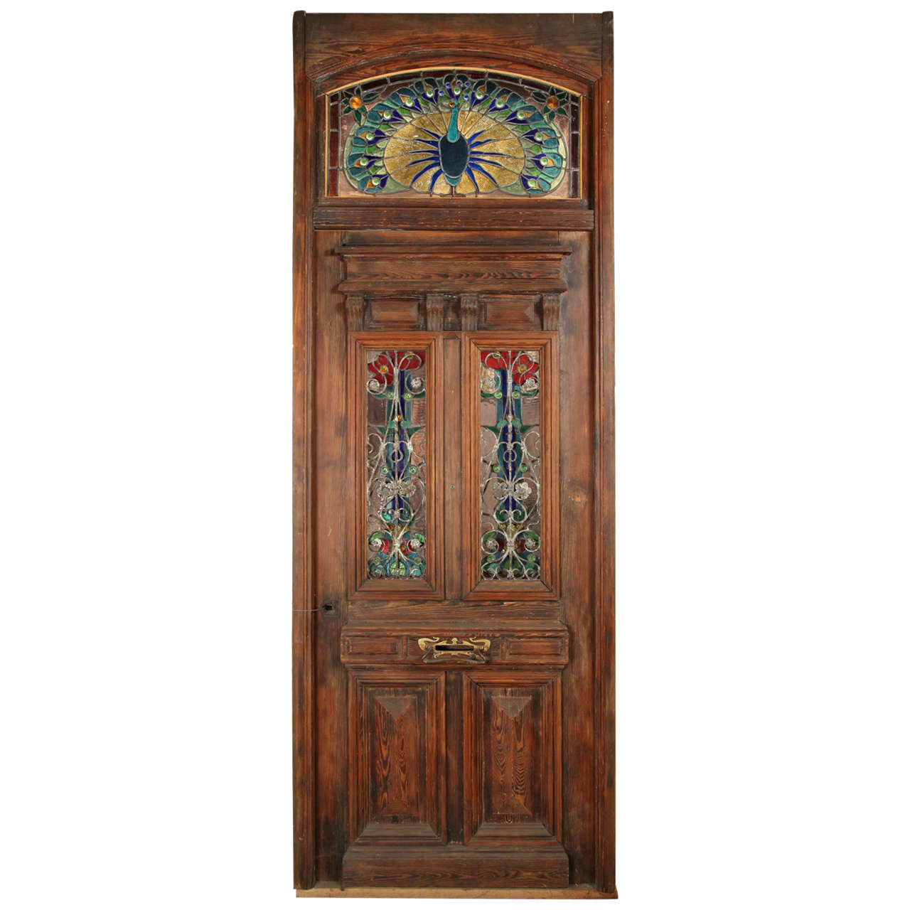 Heart Pine Entry Door with Stained Glass Windows; Peacock Transom