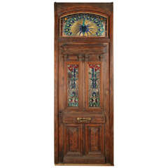 Antique Heart Pine Entry Door with Stained Glass Windows; Peacock Transom