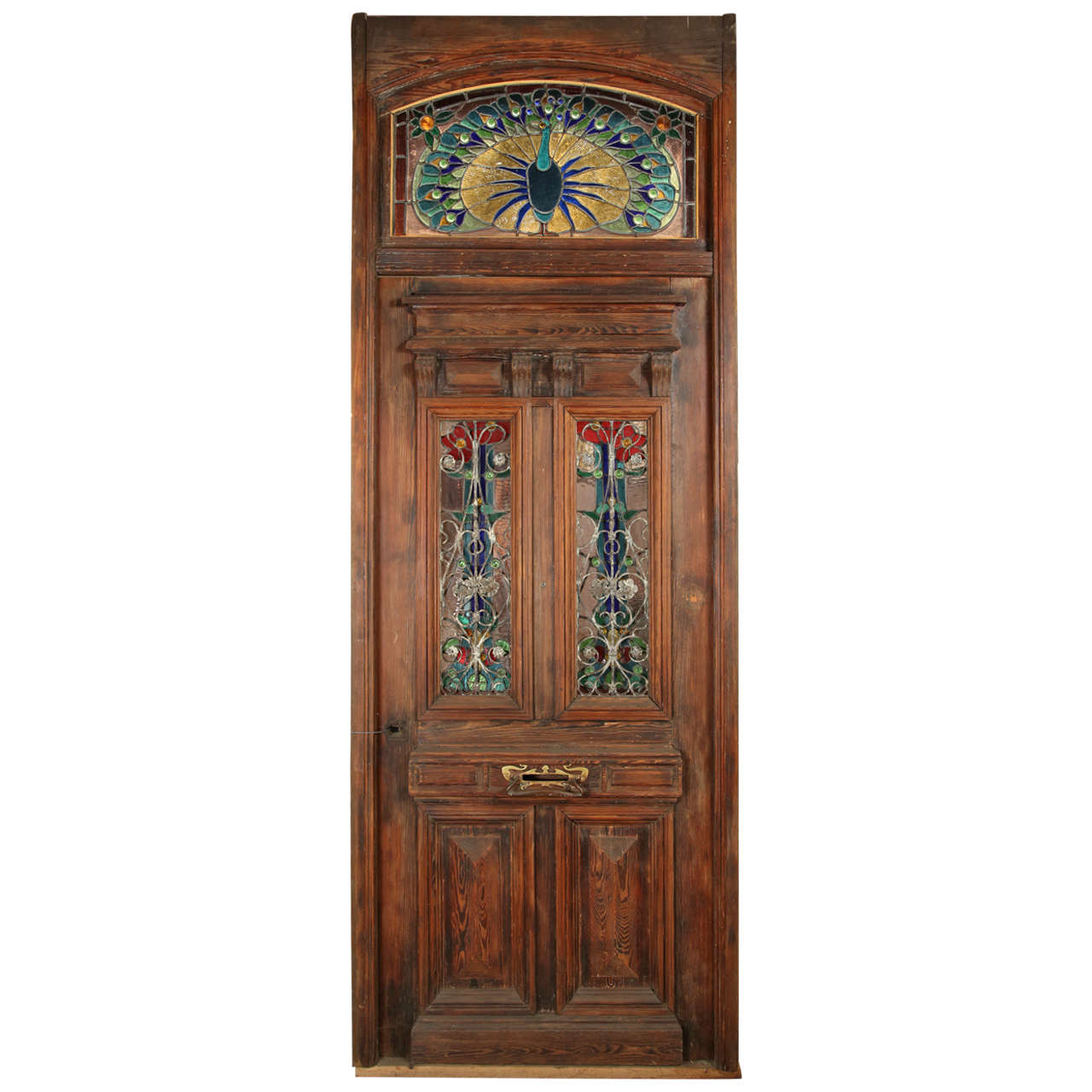Heart Pine Entry Door with Stained Glass Windows; Peacock Transom at