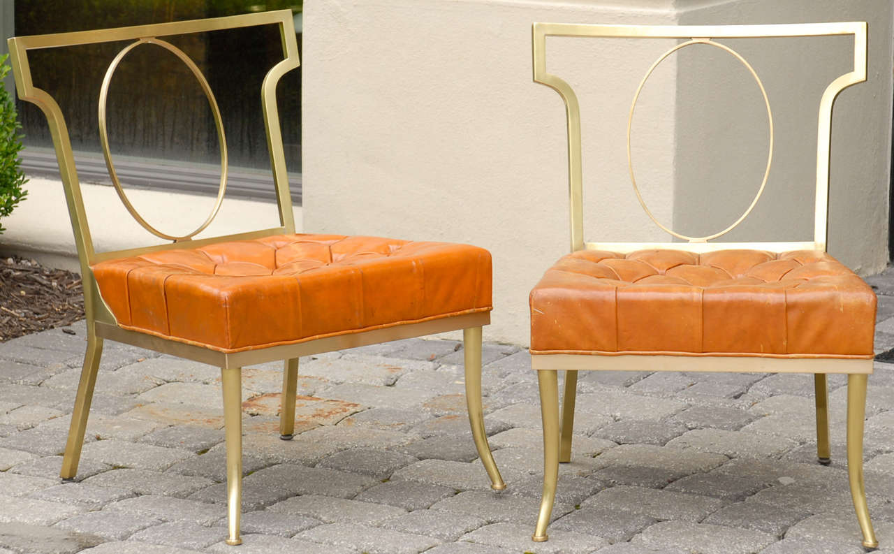 PAIR OF MID C BRASS & LEATHER CHAIRS IN THE STYLE OF MASTERCRAFT, LEATHER  IS TUFTED & DISTRESSED- SEAT HEIGHT- 15
