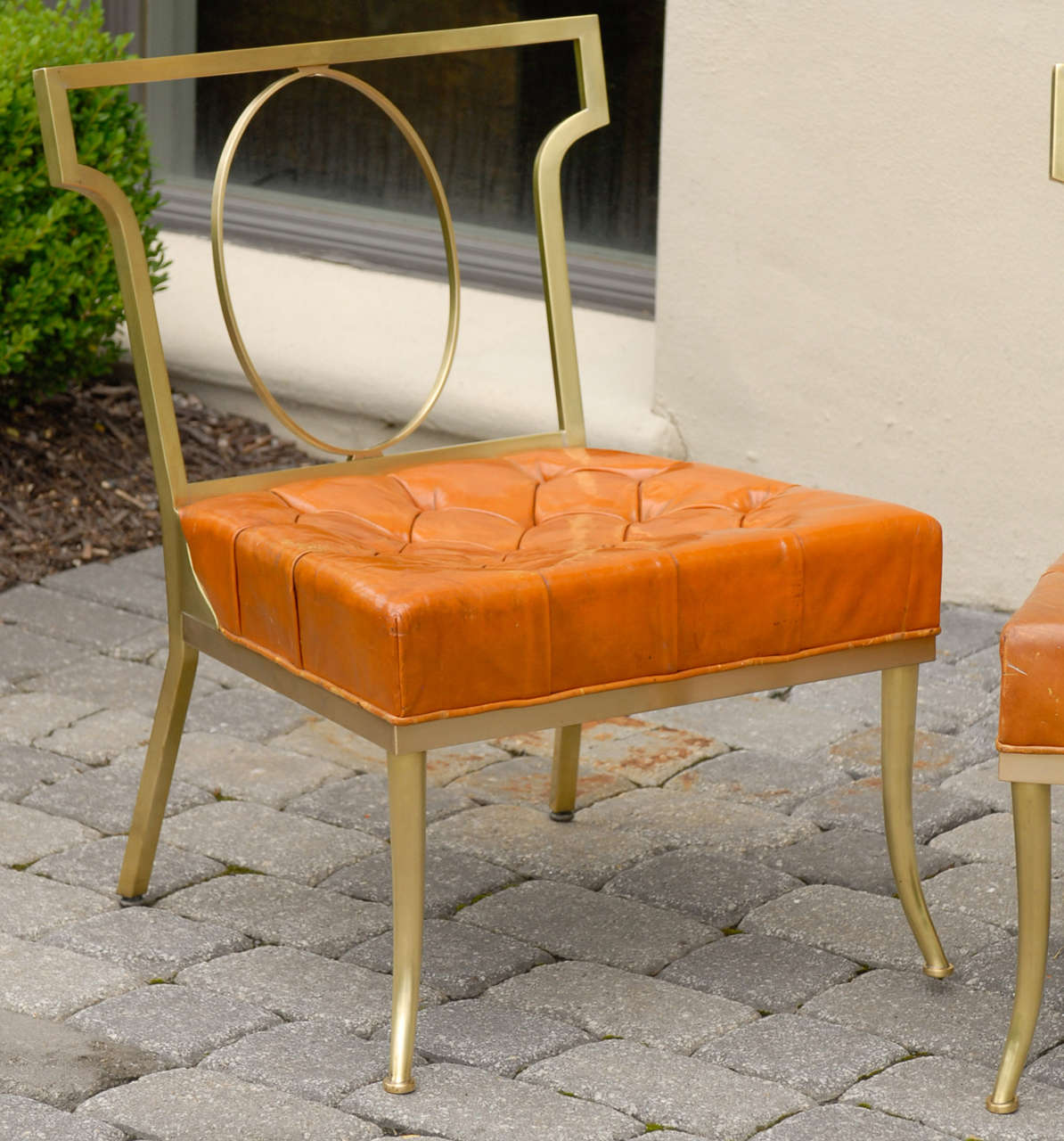 20th Century Pair of Mid Century Brass & Leather Chairs in the Style of Mastercraft