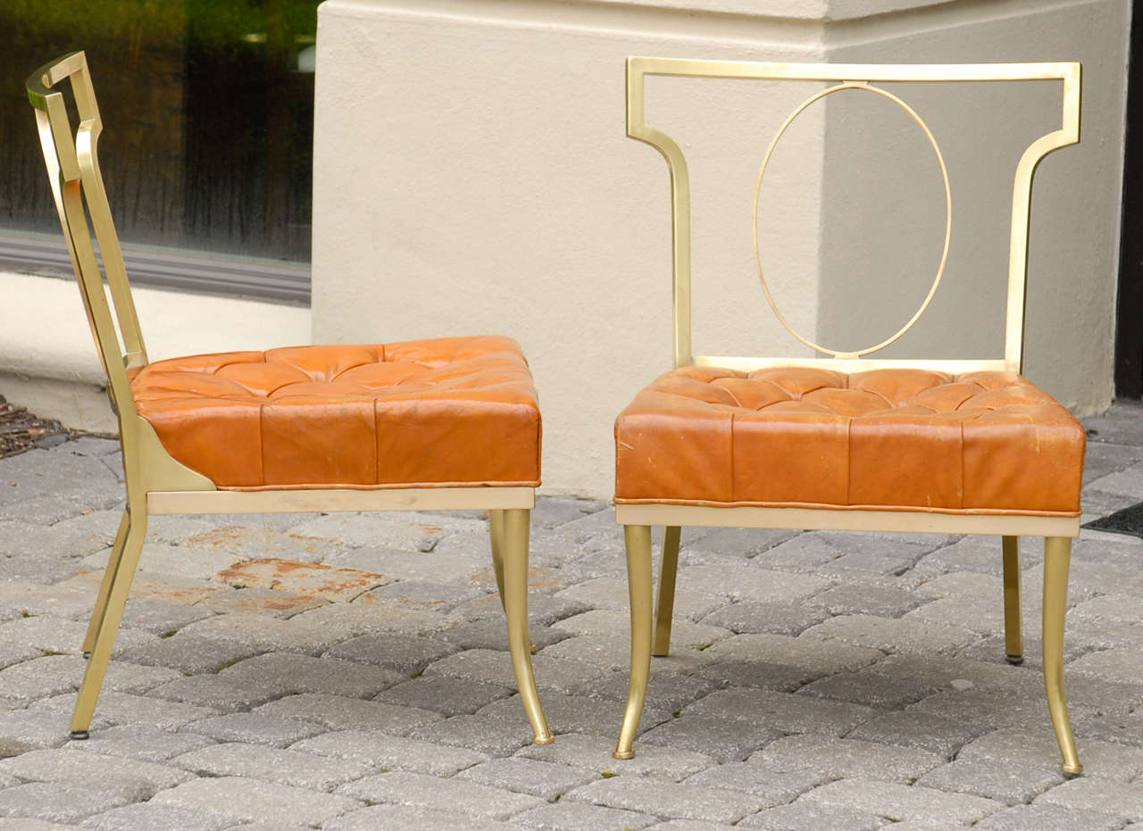 Pair of Mid Century Brass & Leather Chairs in the Style of Mastercraft 1