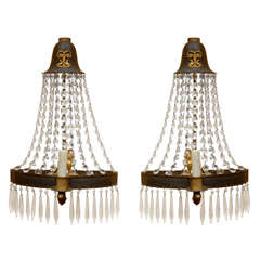 Pair Of 19thc Empire Gilt Sconces With Crystals