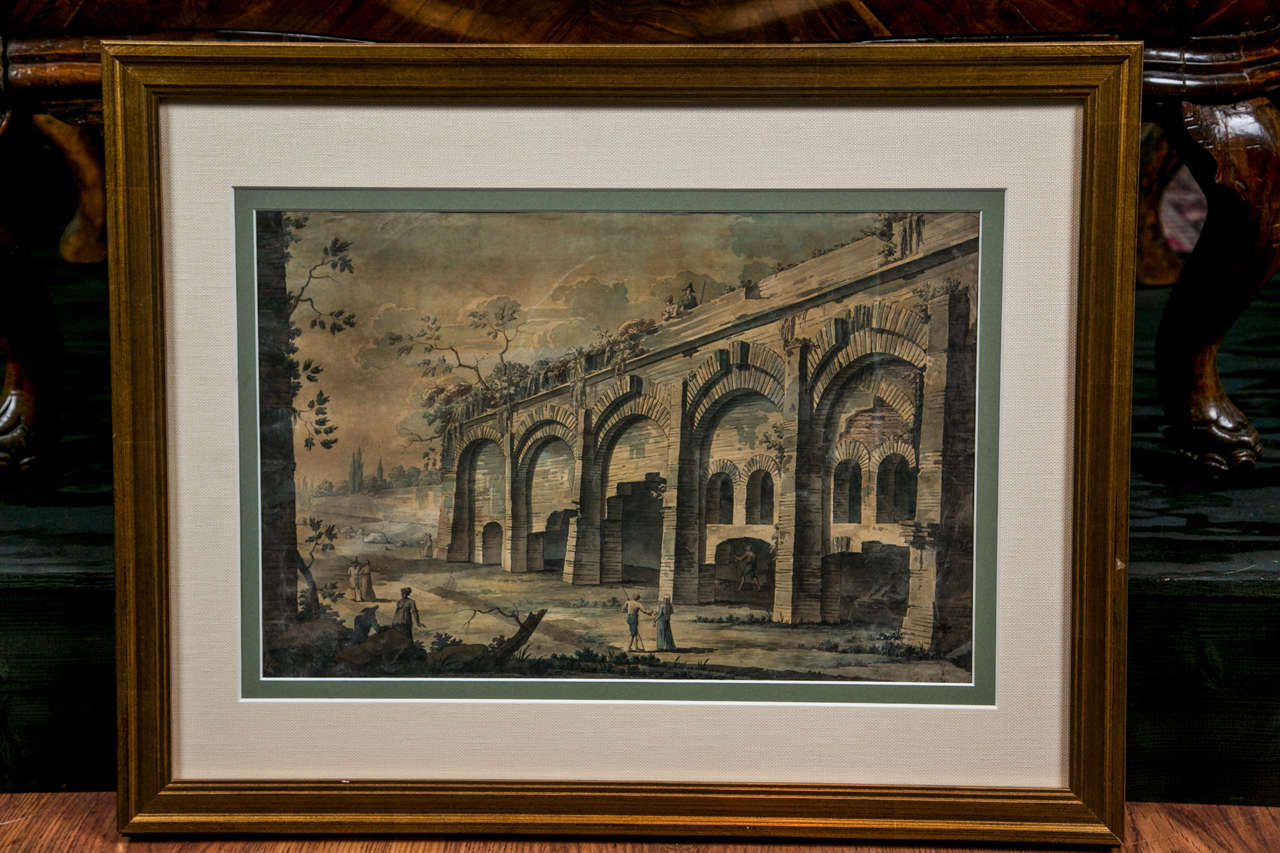 Each one of the four watercolors depicts famous sites in Italy. One depicts a cavern near Naples, one Loro Cuiffenna in Tuscany, one is the Roman Aqueduct and the fourth is Constantine