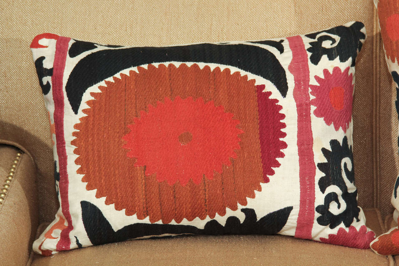 Vintage Suzani Pillows In Cream, Black, Brown And Melon In Good Condition In Seattle, WA