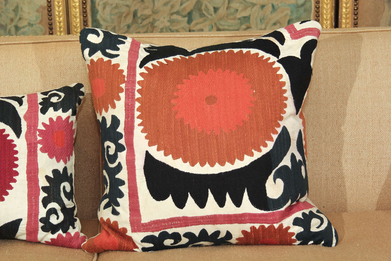 Mid-20th Century Vintage Suzani Pillows In Cream, Black, Brown And Melon