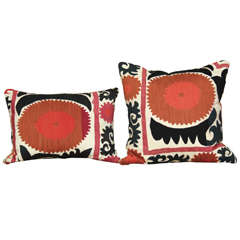 Vintage Suzani Pillows In Cream, Black, Brown And Melon