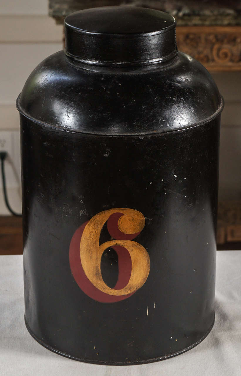 Nice export tole tea canister. Ebonized, with the number 6 painted in red and gold