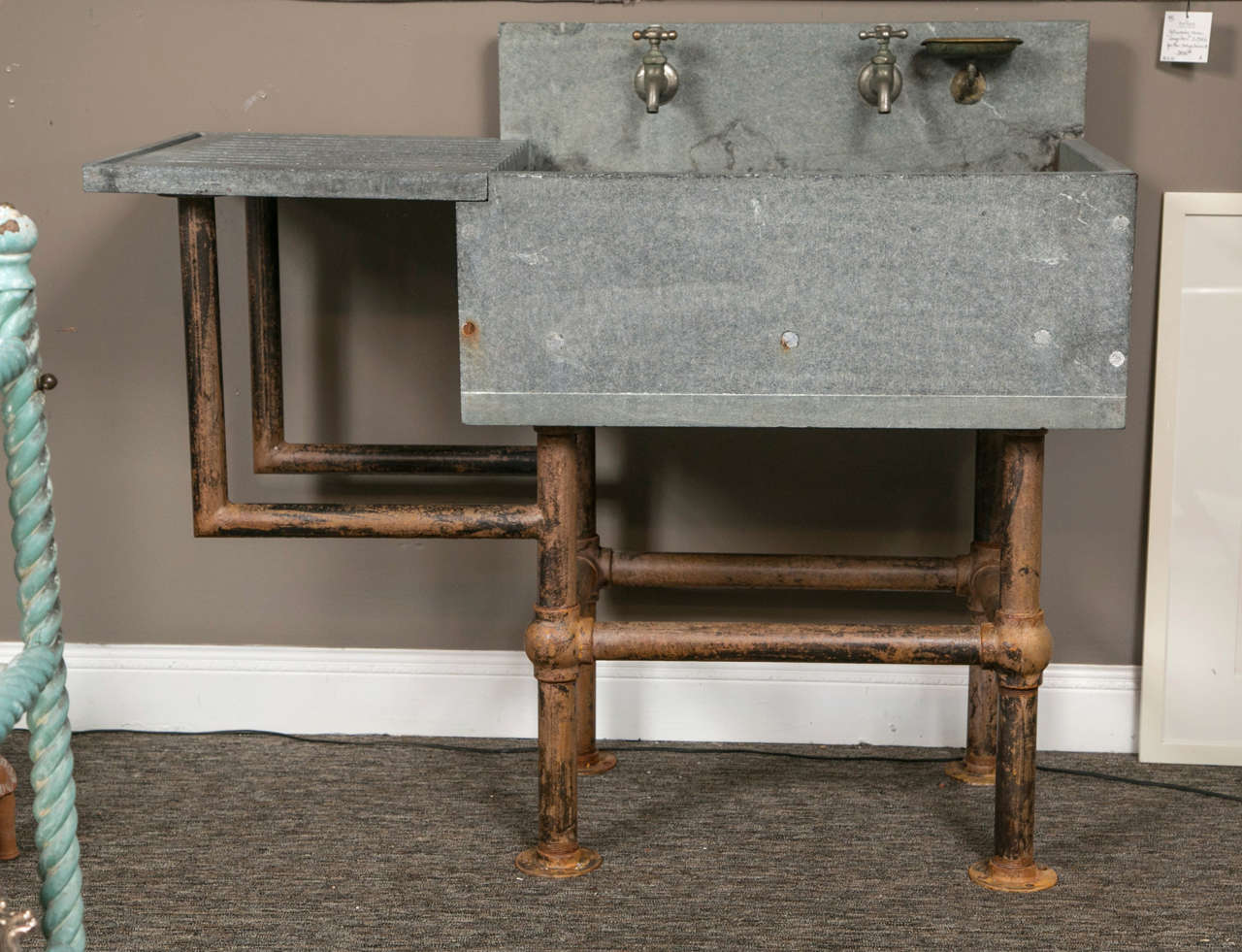 Industrial Soapstone Sink on frame with drain board and back splash. c.1900-1910